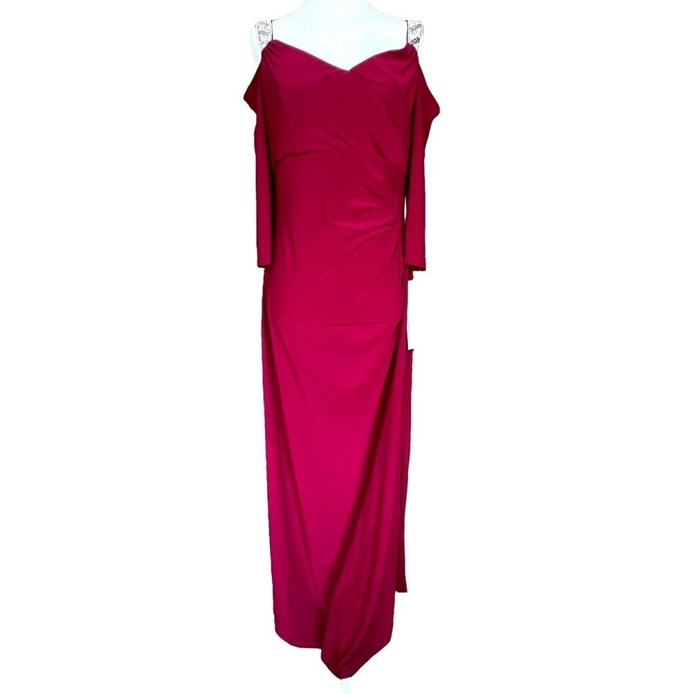 R&M Collection Formal Rhinestone Cold Shoulder Full Length Ruched Dress Merlot - Picture 3 of 15